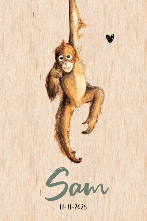 Geboortekaartje op echt hout met lief aapje