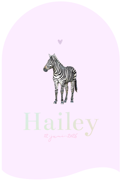 Lila geboortekaartje met zebra en holografische folie