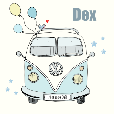 Geboortekaartje van retro hippiebusje voor een jongen