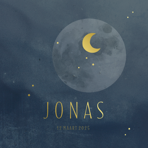 Goudfolie geboortekaartje met maantje op donkerblauwe waterverf