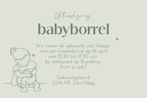 Kraamborrel uitnodiging met lijntekening van grote zus met broertje