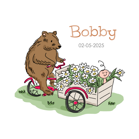 Vierkant geboortekaartje met beer op bakfiets
