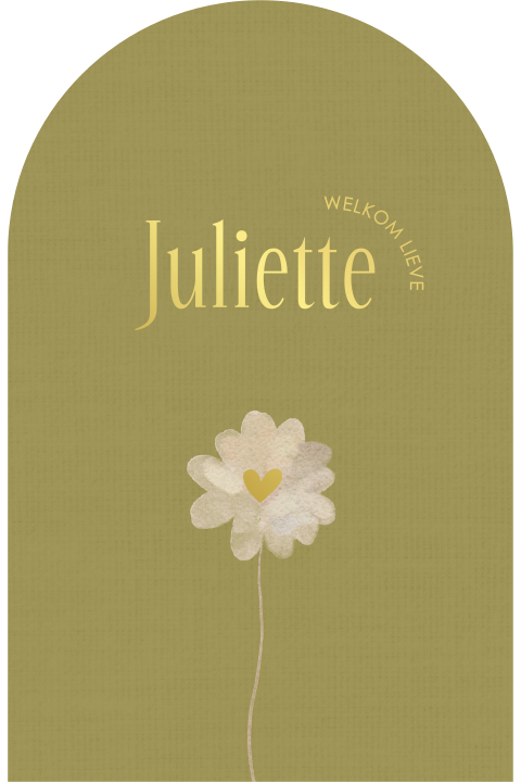 Mooi groen boog-geboortekaartje met bloemen en goudfolie