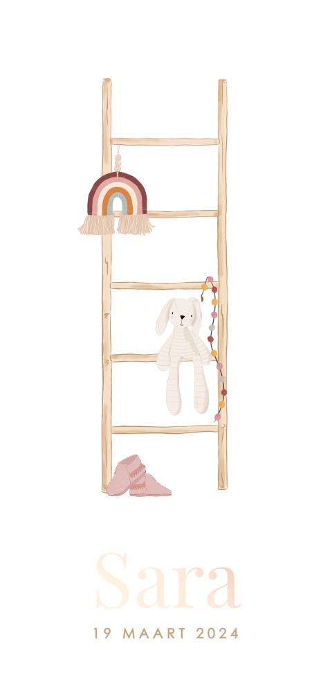 Lief rosegoudfolie geboortekaartje meisje met babykamer accessoires