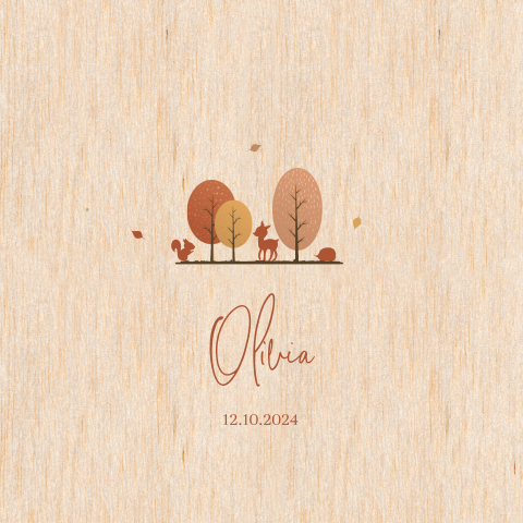 Echt houten geboortekaartje meisje met bos en dieren
