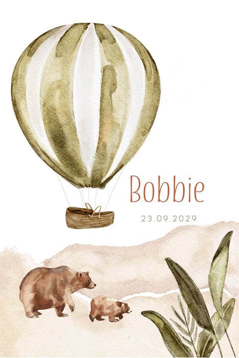Origineel geboortekaartje met beren en groene luchtballon