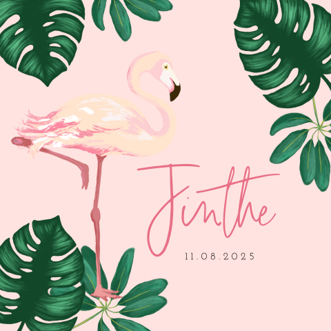 Hip geboortekaartje met groene blaadjes en roze flamingo