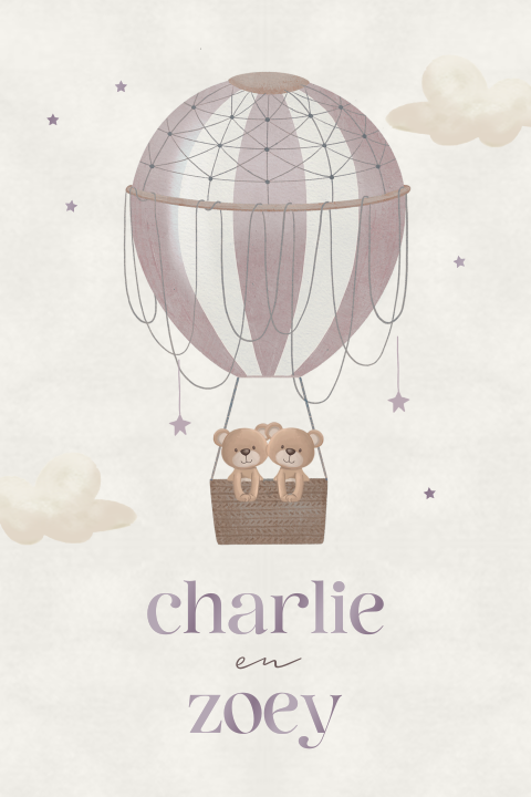 Lief geboortekaartje voor meisjes tweeling met beertjes in luchtballon en hoogglans