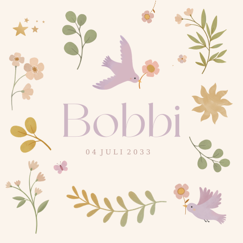 Geboortekaartje meisje met vogels en takjes in hippe tint