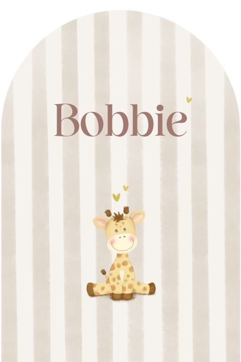Geboortekaartje boogvorm met beige strepen en lief girafje