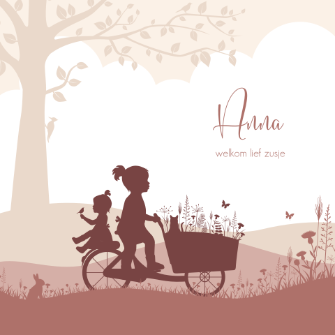 Lief geboortekaartje met silhouet van twee zusjes op bakfiets
