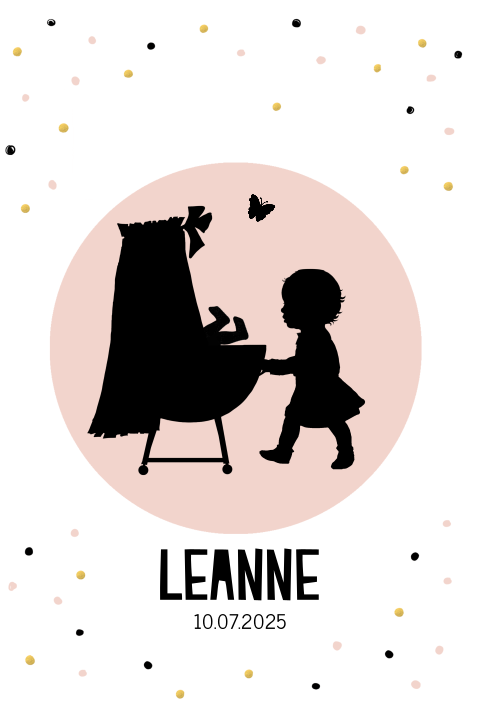 Hippe geboortekaart voor zusje silhouet met wiegje en grote zus