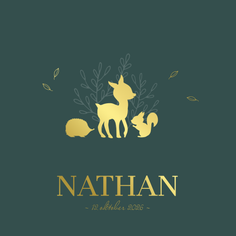 Herfst goudfolie geboortekaartje voor jongen met hertje eekhoorn egel