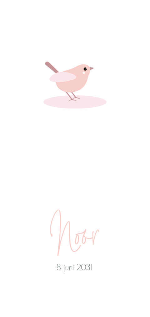 Minimalistisch langwerpig geboortekaartje met vogeltje voor een meisje