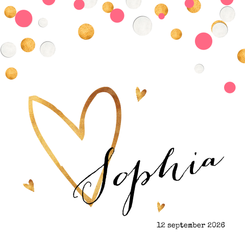 Vrolijk geboortekaartje met confetti in roze en goudlook