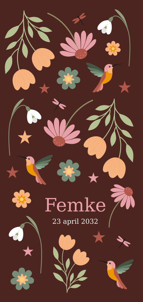 Geboortekaartje meisje met patroon van bloemen en vogels