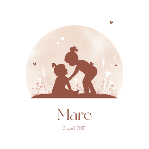 Lief geboortekaartje met silhouetjes en bloemen voor een zusje