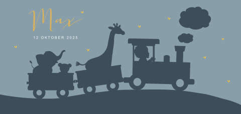 Avontuurlijk geboortekaartje met silhouet van jongen in de trein