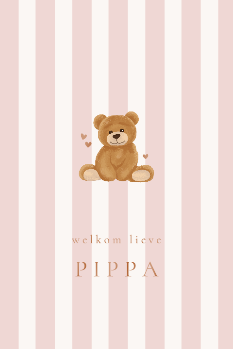 Lief geboortekaartje met roze streepjespatroon en beertje