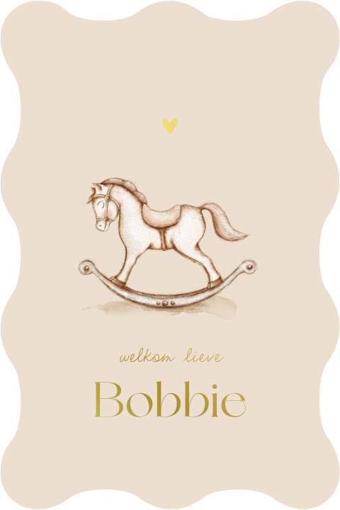 Beige geboortekaartje met organische vormen en hobbelpaardje