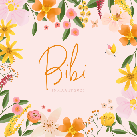 Vrolijke geboortekaart meisje kleurrijke zomerbloemen op lichtroze