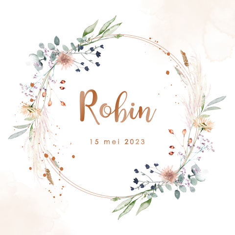 Hoogglans geboortekaartje met krans van droogbloemen