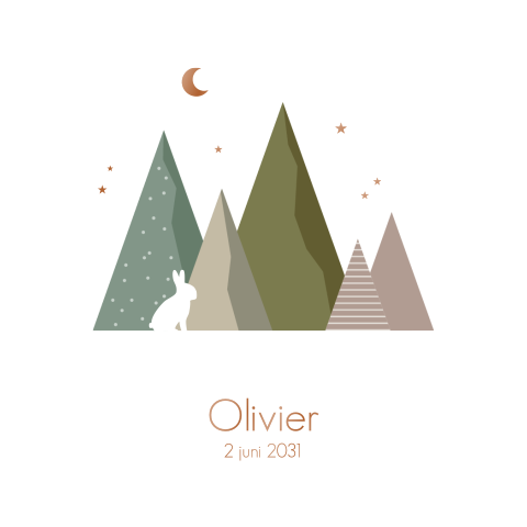 Geboortekaartje jongen met bergen, een konijn en sterren in koperfolie