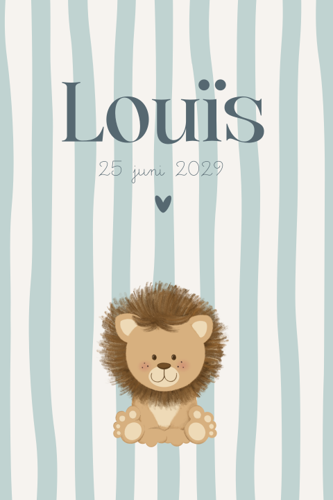 Geboortekaartje jongen met leeuw op blauwe groene strepen
