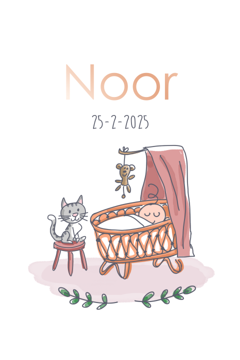 Geboortekaartje voor dochter met vintage wieg en poes