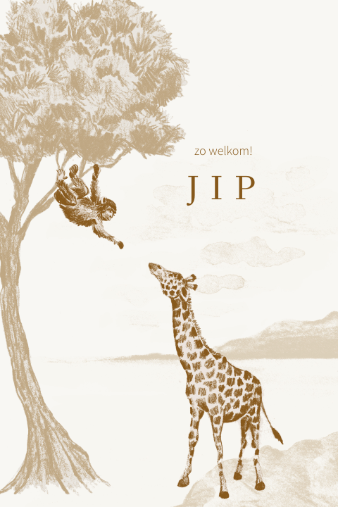 Stoer geboortekaartje met giraffe en aap in aardetinten