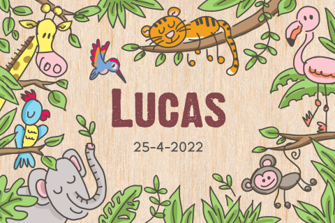 Echt houten geboortekaartje met jungle dieren