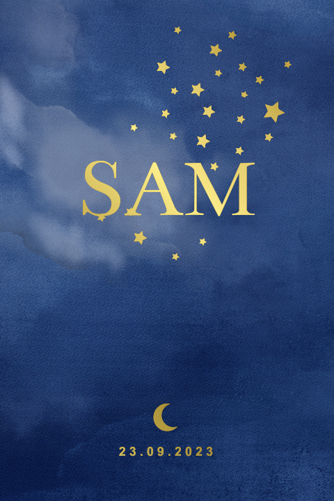 Hip geboortekaartje met goudfolie voor zoon met donkerblauwe hemel