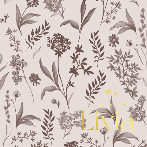 Elegant geboortekaartje met botanische bloemen en luxe goudfolie