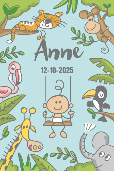 Geboortekaartje met tekeningen van baby in de jungle