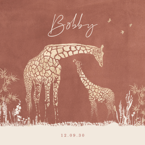 Hip geboortekaartje met roestkleur velvet-look met giraffen