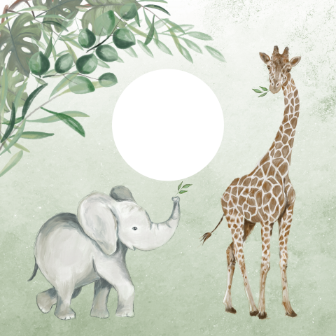 Jungle geboortekaartje met olifant en giraf en uitgesneden rondje
