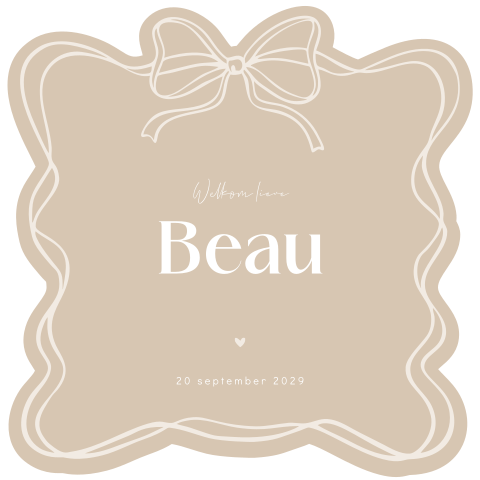 Lief geboortekaartje beige met lijntekening van strik