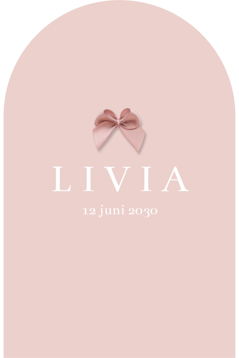 Klassiek oudroze geboortekaartje in boogvorm met optioneel écht strikje