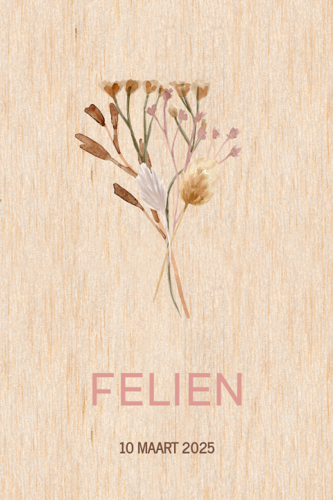 Geboortekaartje op echt hout met boeketje droogbloemen
