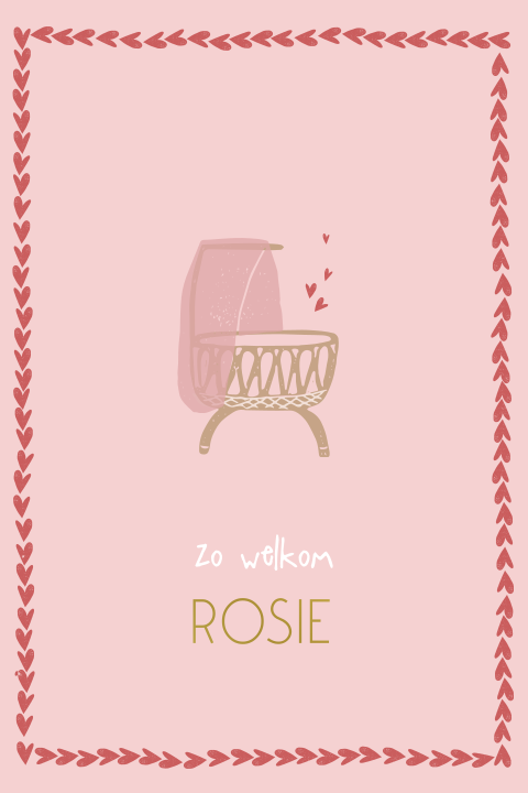 Goudfolie geboortekaartje roze met wiegje en hartjes