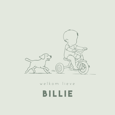 Schattig babykaartje met fiets en hondje in lijntekening op groen