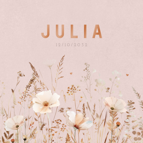 Lichtroze geboortekaartje met roségoudfolie en veldbloemen