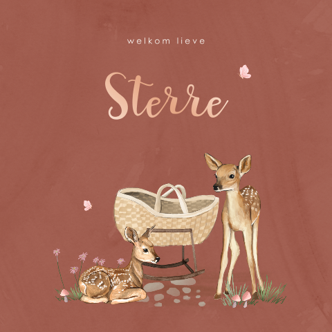 Lief rood geboortekaartje met roségoudfolie en hertjes voor een meisje