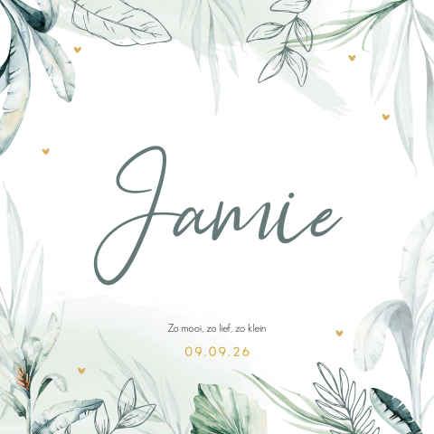 Groen botanisch geboortekaartje met bladeren voor een jongen