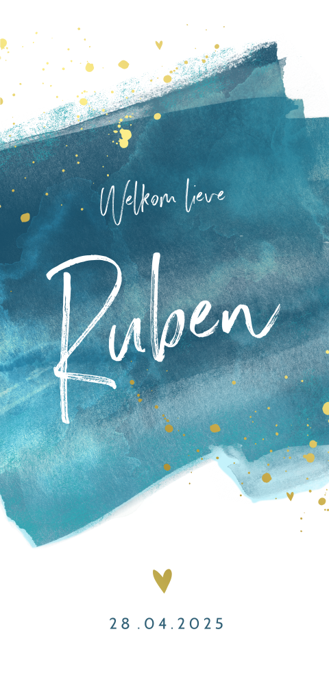 Stoer goudfolie geboortekaartje voor jongen met blauwe verfstrepen