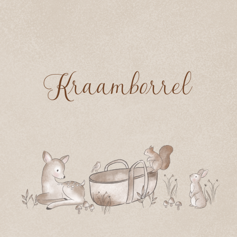 Kraamborrel uitnodiging met lieve bosdieren en mandje