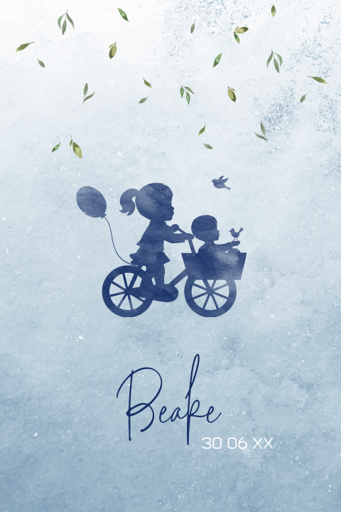 Blauw geboortekaartje met silhouetjes van broertje en zus op fiets