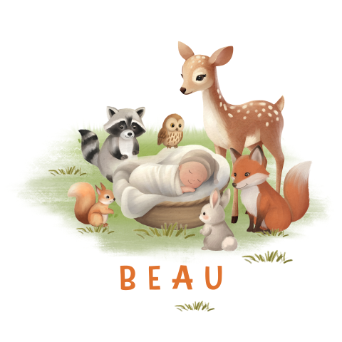 Tuinbord met bosdieren en baby in mandje