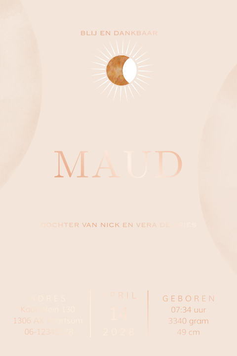 Stijlvol geboortekaartje meisje met maantje en roségoudfolie