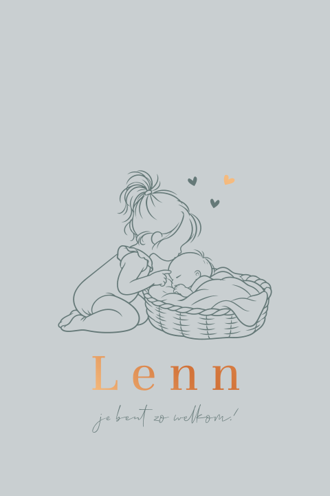 Lief geboortekaartje met lijntekening zus en broertje in mandje